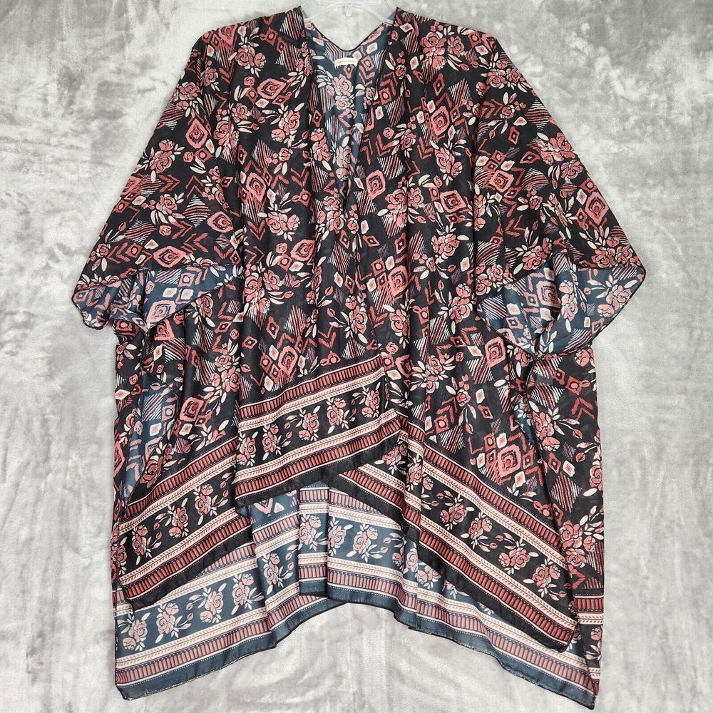 Coldwater Creek Kimono Cardigan Womens Size 1X Black Pink Floral Open Front Boho